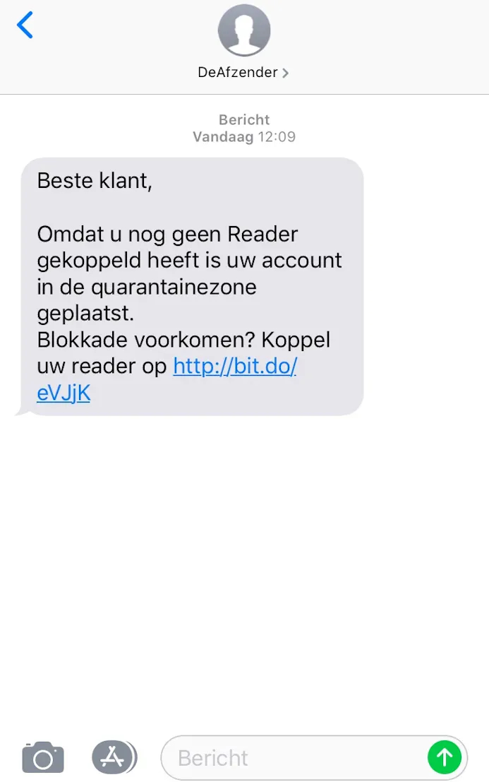 Ook sms-berichten kunnen gevaarlijke links bevatten die ogenschijnlijk van een bekende persoon of instantie afkomstig zijn.