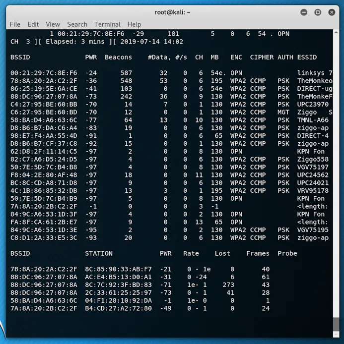 De tool airodump geeft een overzicht van alle wifi-accesspoints in de omgeving.