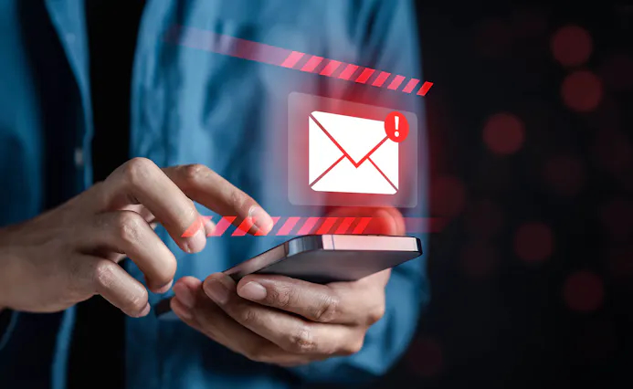 Beeld voor Bitdefender: man met smartphone en email-phishing-warning