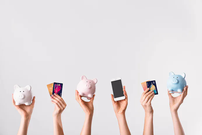 Spaarvarkens bankkaarten en een smartphone