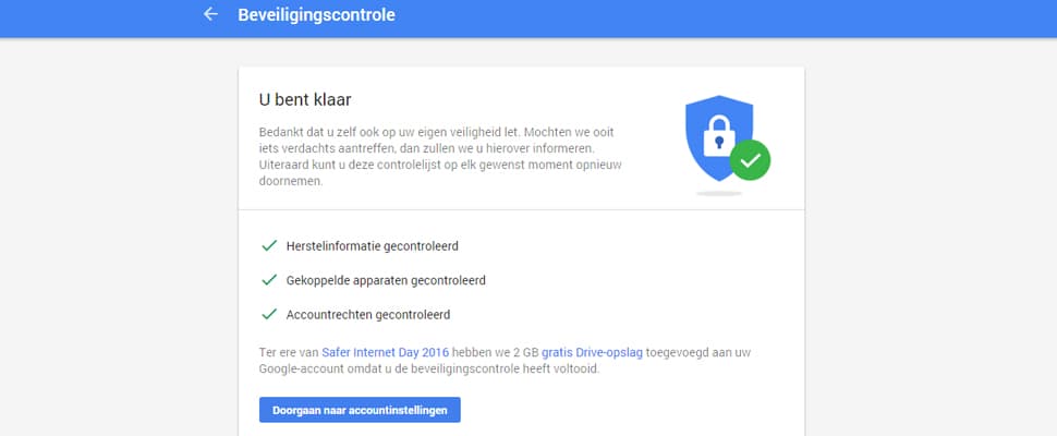 Controleer beveiliging Google-account, verdien 2 GB extra Drive-opslag