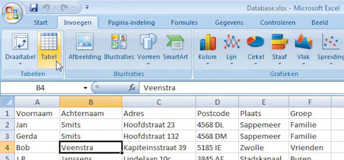 Maak een database in Excel 2007-15992969