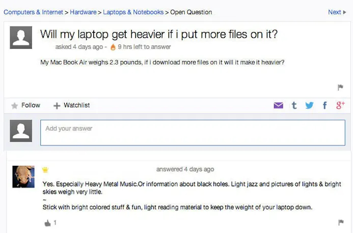 De grappigste vragen over het internet op Yahoo Answers-16252698