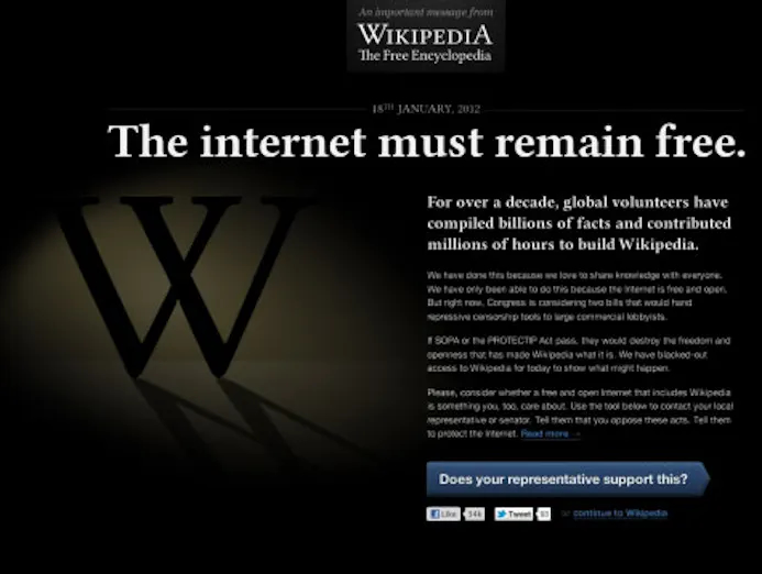 Wikipedia op zwart uit protest SOPA-16257956