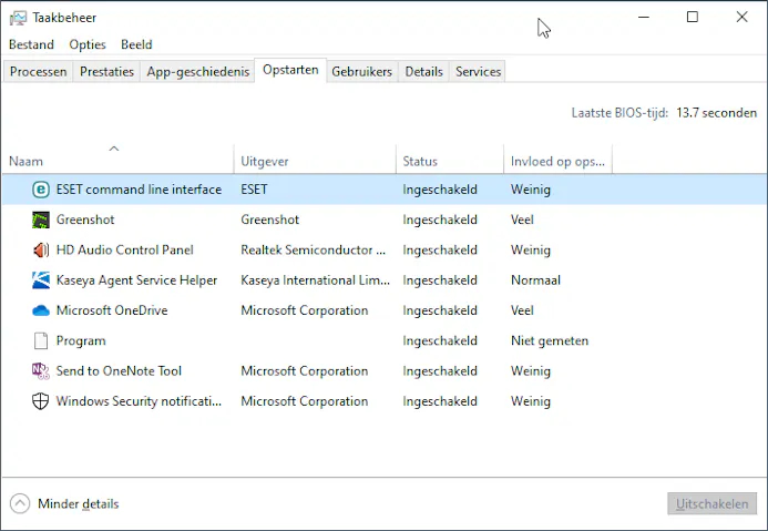 In het Windows 10 Taakbeheer zie je de programma's die met Windows starten.
