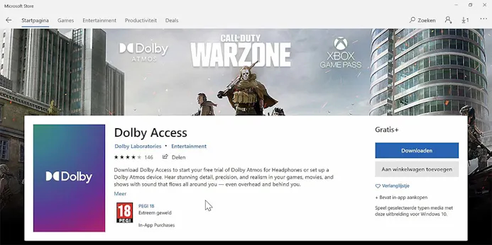 Dolby Atmos voeg je toe via de (betaalde) app Dolby Access, te vinden in de Windows Store