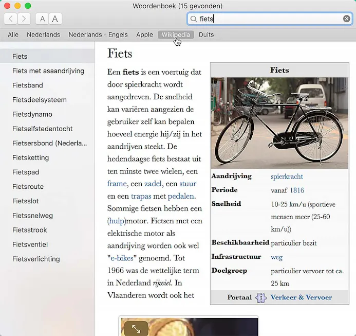 Het woordenboek van macOS bevat ook een handige Wikipedia-module