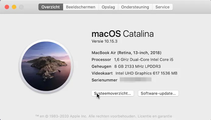 Altijd handig: een mini-overzicht met de belangrijkste gegevens van je Mac, inclusief versie van macOS en het serienummer van je computer