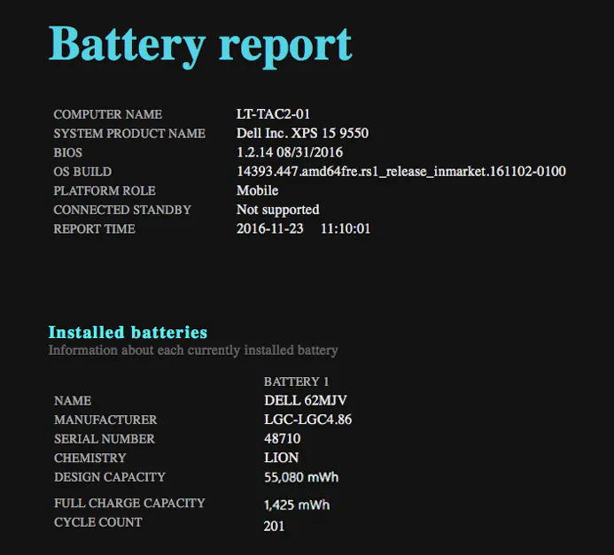 Tip 12 Je leest bovenaan het rapport de technische gegevens van de batterij.