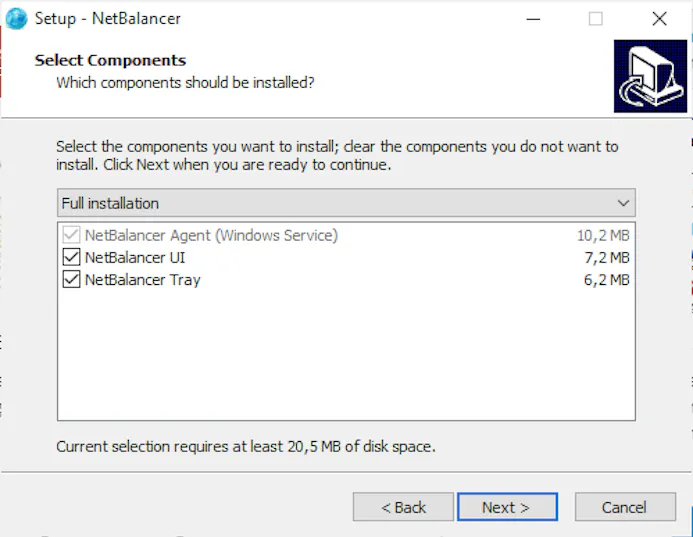 Installeer alle componenten van NetBalancer.