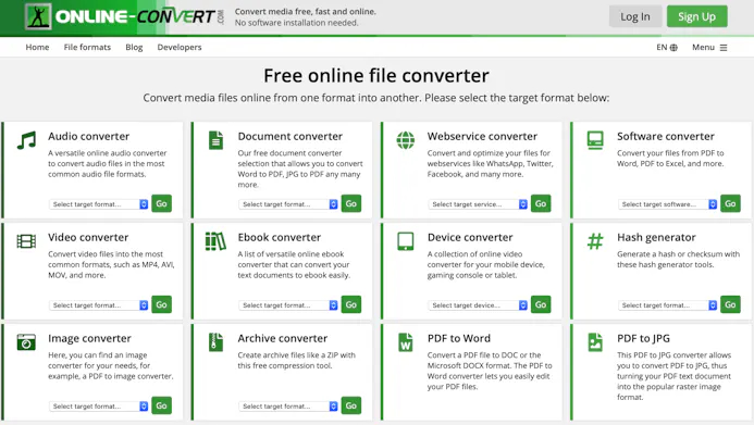 Online-Convert organiseert zijn conversie-aanbod in rubrieken.