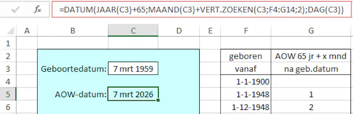 Deze formule berekent de datum aan de hand van de tabel.
