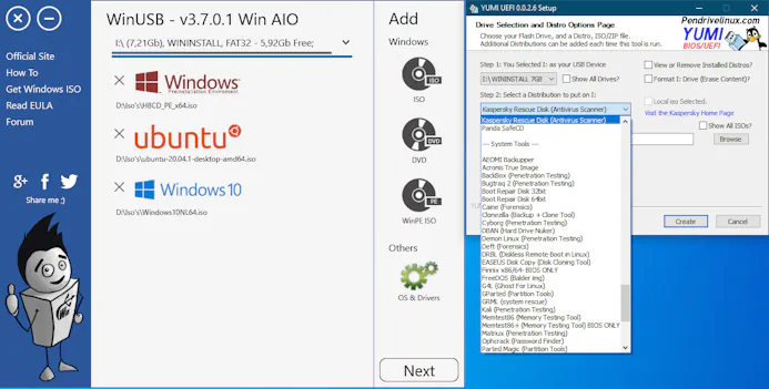 Twee alternatieve multiboot usb-tools, WinUSB (links) en YUMI (rechts).