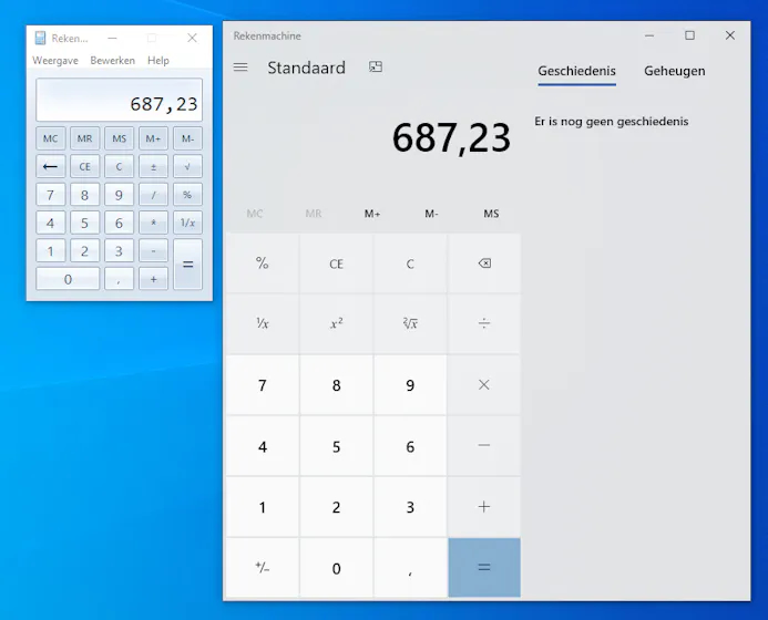 De klassieke Windows 7-calculator naast de nieuwe Windows 10-rekenmachine.