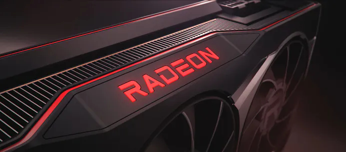 Close-up render van het Radeon-logo op een van de nieuwe AMD Radeon RX 6000-videokaarten.