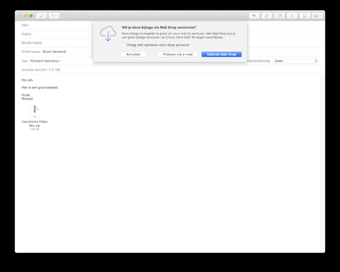 Mail Drop is een functie die is ingebouwd in macOS Mail. Hiermee verzend je eenvoudig grote bestanden.