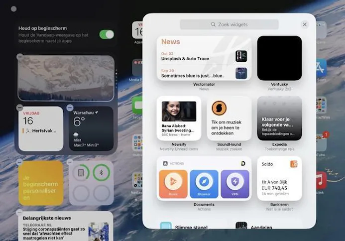 Ook op de iPad zijn de widgets nieuwe stijl bruikbaar, maar alleen op de widgetbalk.