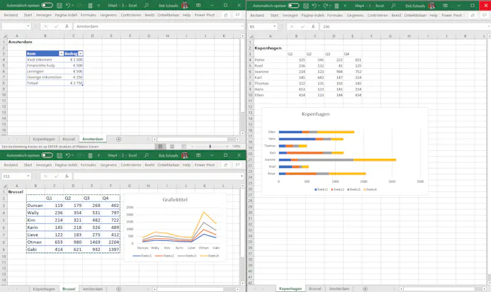 Nu kunnen we in drie werkbladen van hetzelfde Excel-bestand werken.
