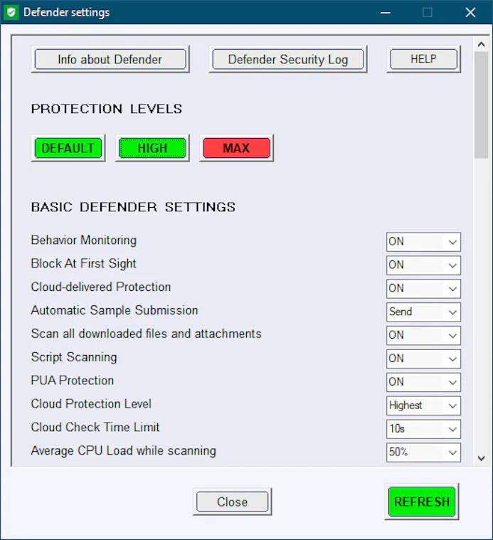 Met één druk op de knop stel je Windows Defender in op het gewenste beveiligingsniveau.