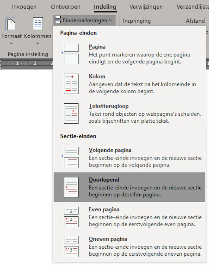 Met behulp van eindemarkeringen kun je staande en liggende pagina’s in hetzelfde document combineren.