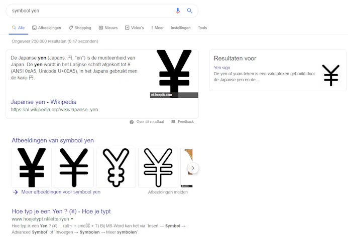 Je kunt de symbolen ook gewoon opzoeken in Google, dat is soms veel sneller.