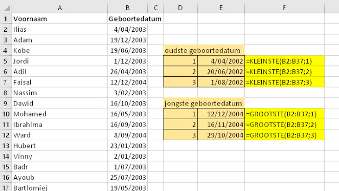 10 De functie GROOTSTE en KLEINSTE werkt ook met datums.