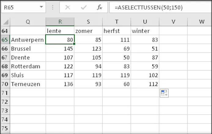 15 Excel genereert getallen tussen 50 en 150.
