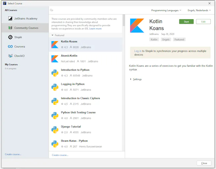 Kotlin Koans is een studieprogramma dat je in IntelliJ IDEA kunt gebruiken.