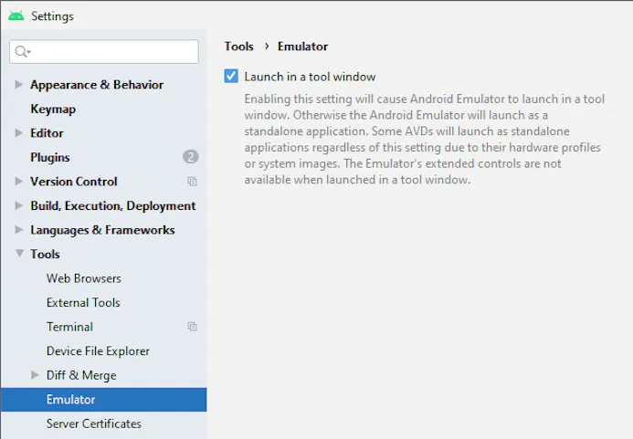 De emulator kun je via een instelling ook binnen Android Studio laten zien.