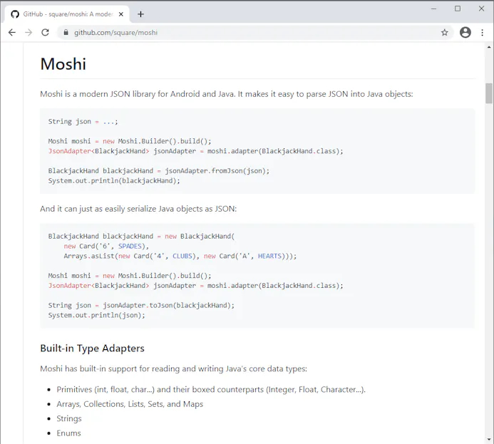 Moshi is een bekende bibliotheek voor het werken met JSON binnen Android.