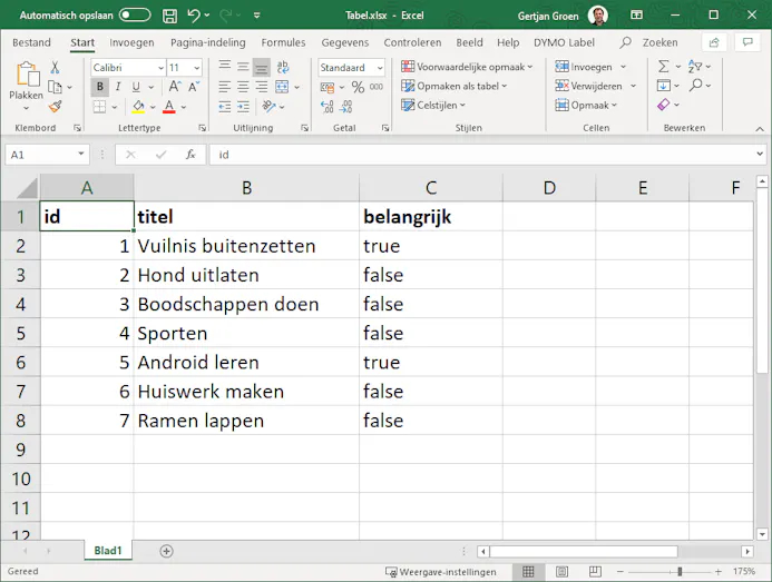 Voorbeeld voor onze takenlijst in Excel.