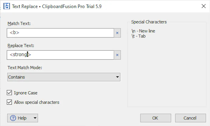 Iedere keer dat er in gekopieerde tekst <b> staat, vervangt ClipboardFusion dit door <strong>.