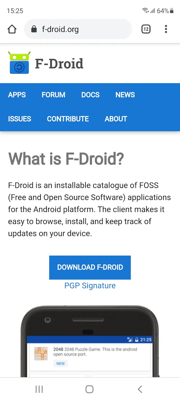 F-Droid kun je installeren via het apk-bestand op de website.
