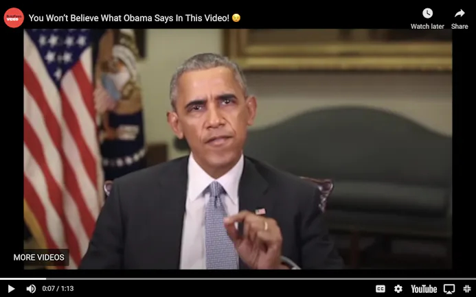 Deepfake van Barack Obama, gemaakt door Buzzfeed, om ons de ‘toekomst van fake nieuws’ te tonen (www.tiny.cc/obamafake).