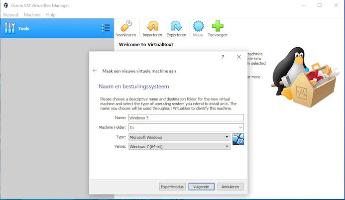 Maak een nieuwe virtuele Windows7-computer aan in VirtualBox.