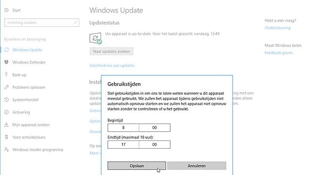 Stel de herstarttijd voor Windows 10-updates in