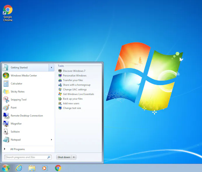 Bíjna nostalgie: de oude vertrouwde desktop van Windows 7 met het startmenu.