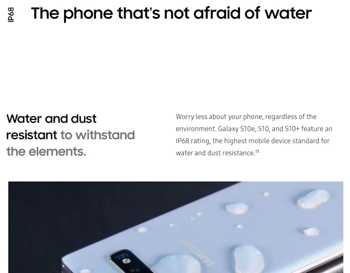 De Samsung Galaxy S10 claimt dat het waterdicht is, dit zie je aan de 8 aan het eind van de code: IP68.