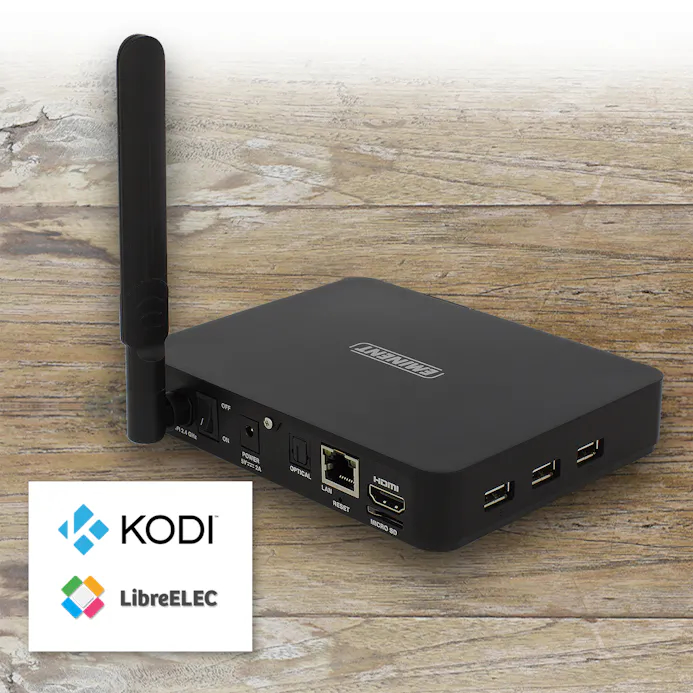 De Eminent EM7680 sluit je via hdmi rechtstreeks aan op een televisie of receiver, zodat je Kodi op de televisie kunt bedienen.