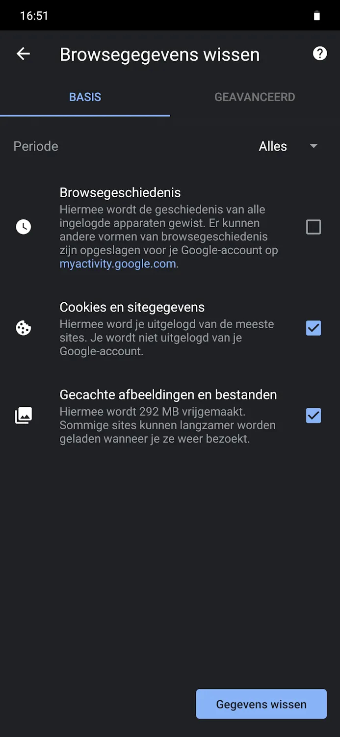 Cookies verwijderen Android