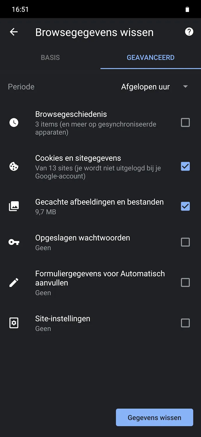 Cookies verwijderen Android