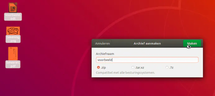 Tip 06 Ook in Ubuntu maak je gemakkelijk en snel een zip-archief.