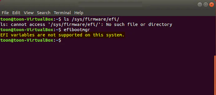 Deze Ubuntu-installatie start blijkbaar niet in uefi-bootmodus op.