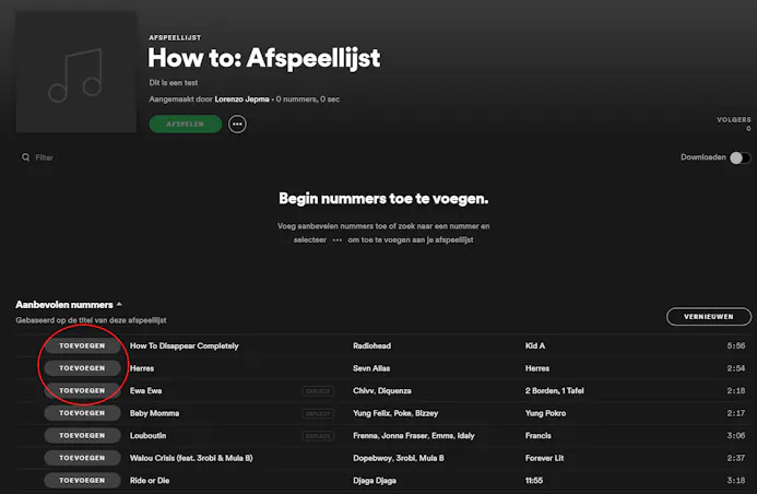 Screenshot van nummers toevoegen aan een Spotify playlist