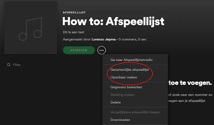 Screenshot van het gezamenlijk en openbaar maken van een Spotify playlist