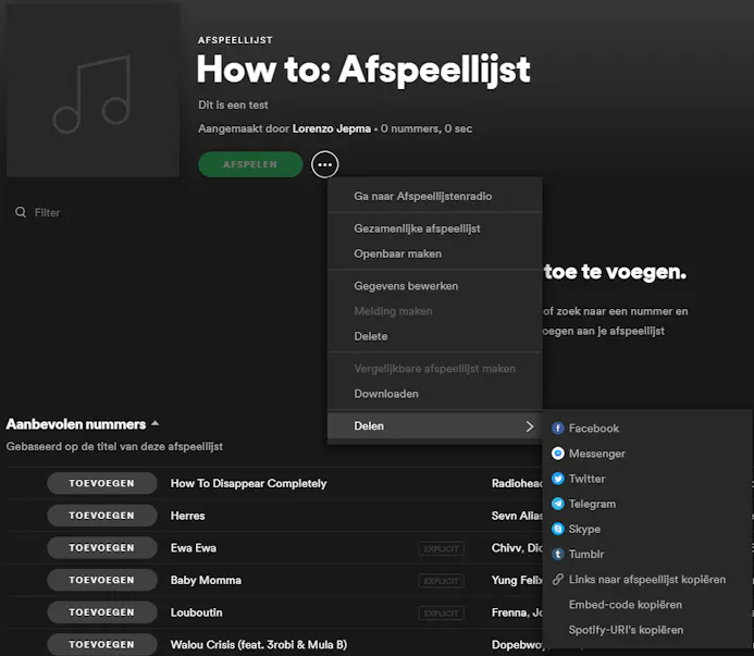 Screenshot van het delen van een Spotify playlist