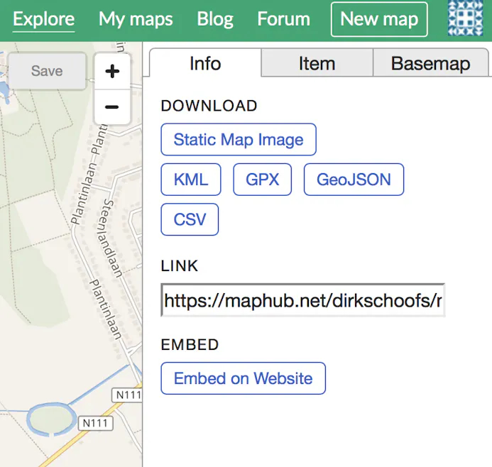 Je kunt de aangepaste kaart downloaden als afbeelding of in een formaat dat je met een gps-apparaat kunt inlezen.