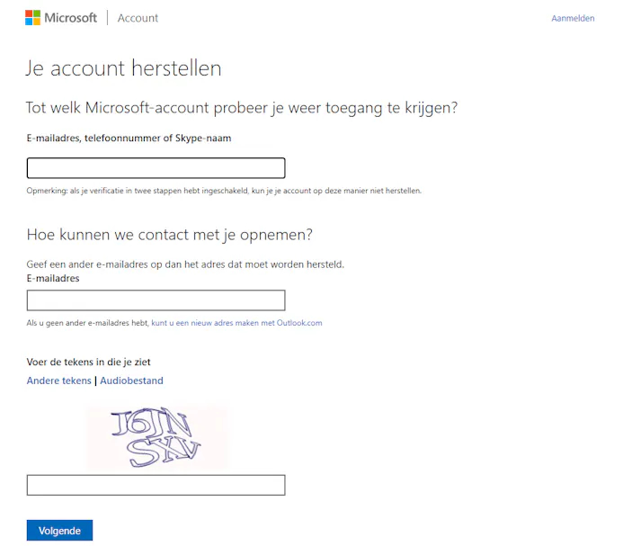 Vul het formulier voor accountherstel in, om weer toegang te krijgen tot je Microsoft-account.