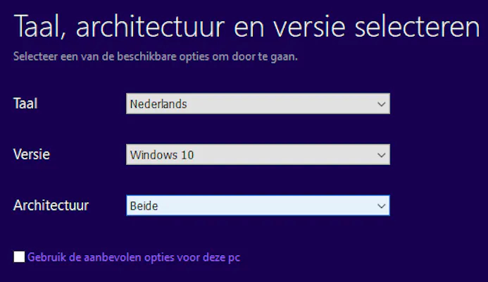 Je kiest zelf de Windows-architectuur: 32-bits, 64-bits of beide.