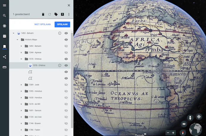 Een ‘historisch’ kml-bestand geïmporteerd in Google Earth.